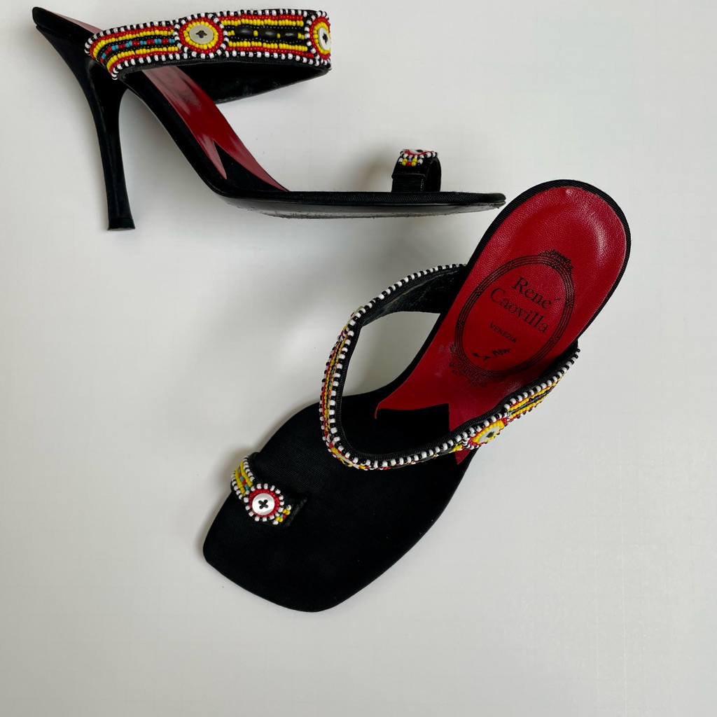 Black Fabric Beaded Rene Caovilla Sandals.